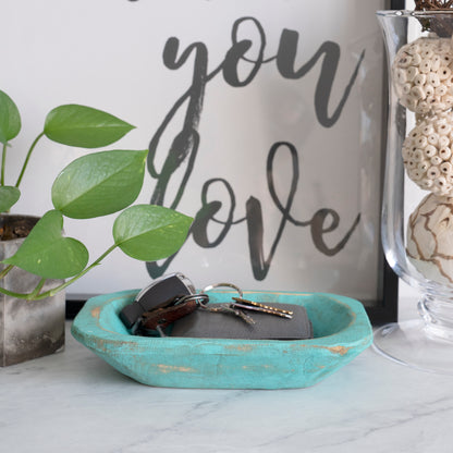 Hand-Carved Mini Rustic Dough Bowl - Teal