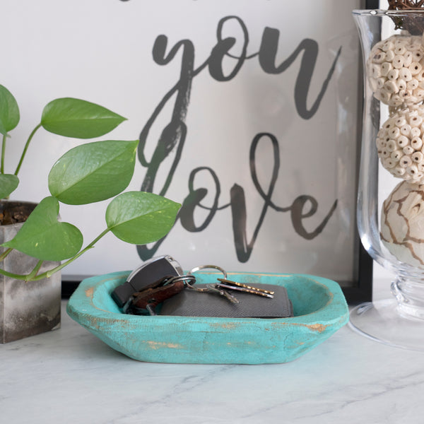 Hand-Carved Mini Rustic Dough Bowl - Teal